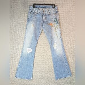 90s Abercrombie & Fitch Jeans Sz 2 Low Rise Embroidered Flowers Flare Distressed